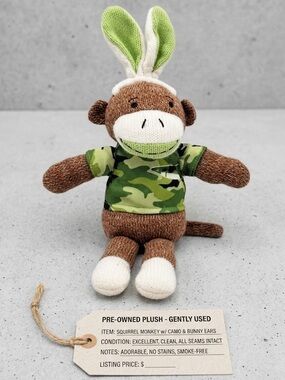 Dan Dee Camo Sock Monkey Rabbit Doll Brown 12" Ears Shark Green Shirt Easter